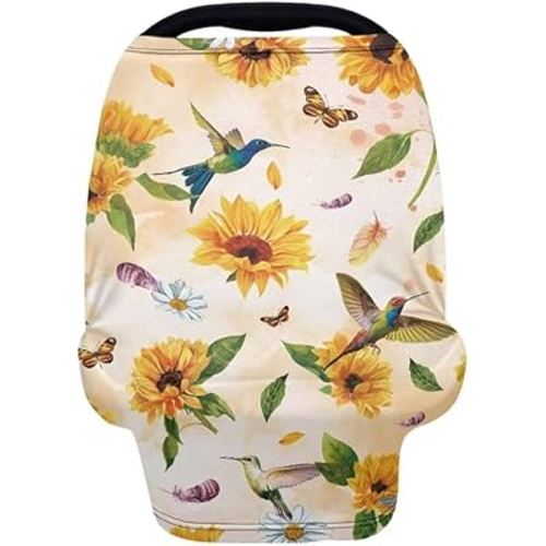Coldinair Hummingbird Car Seat Cover for Babies Girls Sunflower Nursing Cover,Soft Stretchy Infant Carseat Canopy,Shopping Cart/High Chair/Stroller Covers