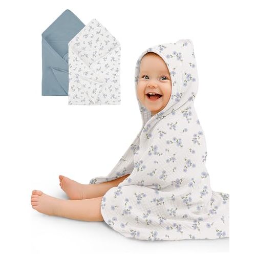 Hooded Baby Towels 2 Pack, Muslin Baby Bath Towels with Hood for Newborn Infant and Toddler, Soft Breathable & Absorbent, 32" x 32" (Bluebell Bloom & Light Blue, Lightweight)