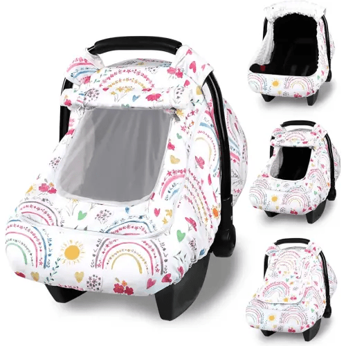 Winter Car Seat Cover Baby with Sunshade & Dual Zipper Windows - Minky Bubble Lined Windproof Soft Shell, Warm Newborn Car Seat Canopy Covers, Elastic Bottom for Stroller & Infant Car Seat, Rainbow