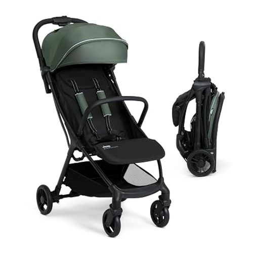 Jeep Altitude Compact Travel Stroller by Delta Children Greenguard Gold, Easy One Hand Fold, Lightweight, Extendable Canopy with Peek-a-Boo Window, Reclining Seat, 4 Wheel Suspension, Tan