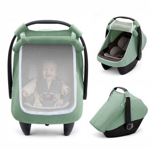 Babyomi Multifunctional Muslin Baby Car Seat Cover, Breathable Cotton, Windproof Carseat Canopy And Extra Large Mesh Window For Newborn, Machine Washable. Green
