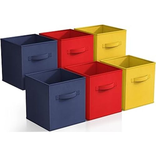 Sorbus Storage Cubes - 11" Foldable Storage Bins with Handle for Nursery, Playroom, Closet Organizers and Storage - 6 Fabric Shelf Basket for Toys, Books, Clothes - Yellow Navy & Red Storage Bins