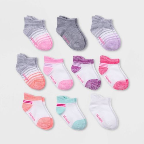 Hanes Baby Girls'&nbsp;10pk Heel Shield Athletic Socks - Colors May Vary 12-24M: Nonslip Grippers, Low Cut, Knit