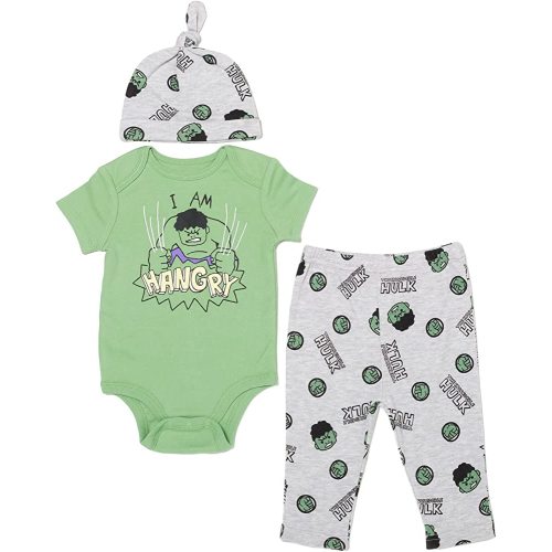 Marvel Avengers Hulk Captain America Spider-Man Baby Bodysuit Pants and Hat 3 Piece Outfit Set Newborn to Infant
