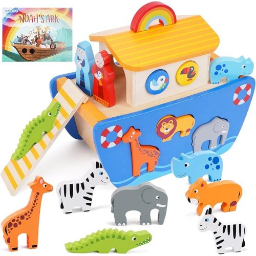 KMTJT Toddlers Wooden Noah's Ark Toy Animal Playset, Baptism Gifts for 1 2 3 Boys Girls, Shape Sorter Early Learning Montessori Toys with Bible Story Book for 12 18 24 Months Babies