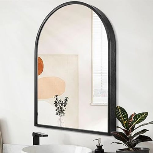 Arch Wall Mirror Bathroom Mirror Black Metal Framed Mirror, Arched Wall Mounted Vanity Mirror for Bedroom Entryway Living Room 26"x18"