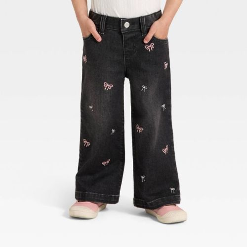 Toddler Girls' Embroidered Wide Leg Denim Pants - Cat & Jack™ Black