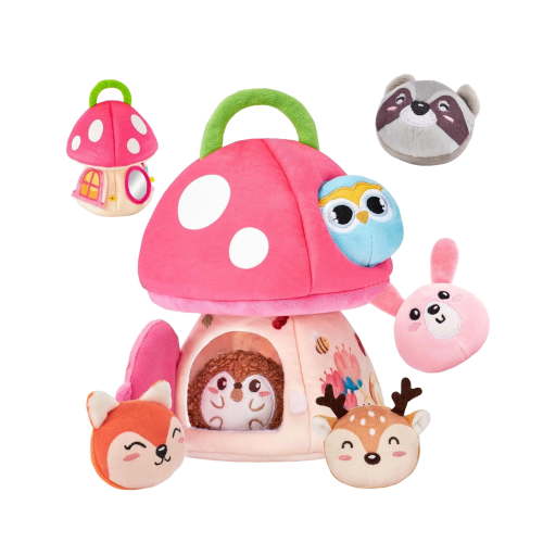 Interactive Plush Mushroom House Playset with 6 Stuffed Animal Toys  Soft Sensory Toy for Babies & Toddlers, Montessori Learning Plush with Crinkle Sounds  Portable Gift for Boys & Girls