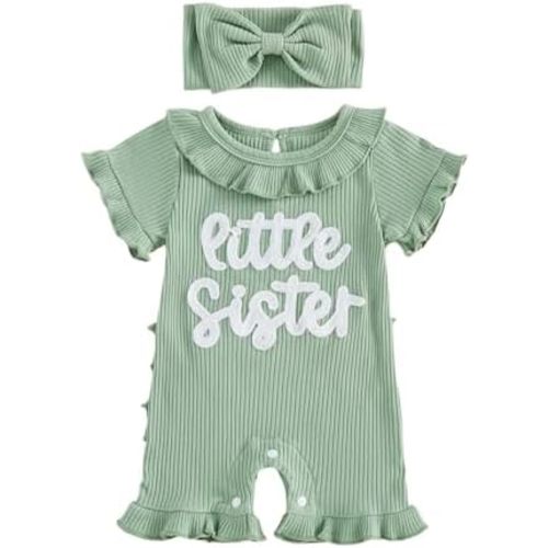 allshope Newborn Baby Girl Summer Outfit Romper Letter Embroidery Ruffle Trim Doll CollarJumpsuit Bodysuit Infant Clothes