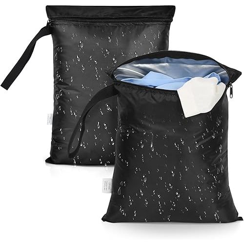 OTraki 2PCS Small Wet Bag for Swimsuit 12x14 Inch Wet Clothes Bag with Handle & Zippered Reusable Wet Dry Bag Waterproof Storage Bag for Beach Pool Yoga Gym, Black