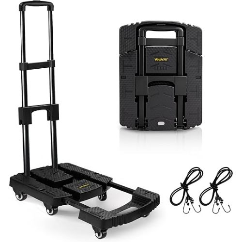 Folding Hand Truck 500lbs, Portable Heavy Duty Dolly Cart, 6 Wheels Collapsible Luggage Cart with 2 Elastic Ropes - Compact Trolley Cart for Easy Moving - Ideal Hand Cart for Travel and More