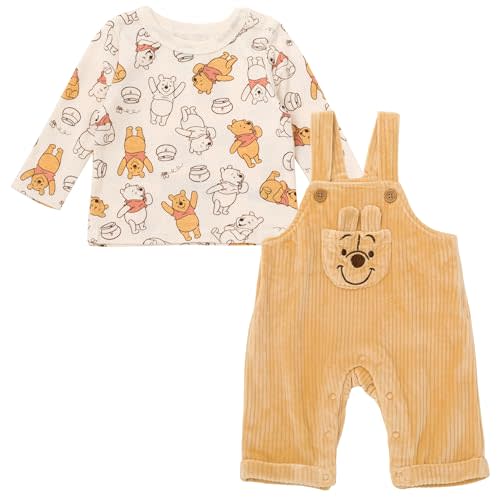 Disney Winnie the Pooh Baby Corduroy Ribbed Overall and T-Shirt Outfit Set Newborn to Infant Sizes (Newborn - 24 Months)