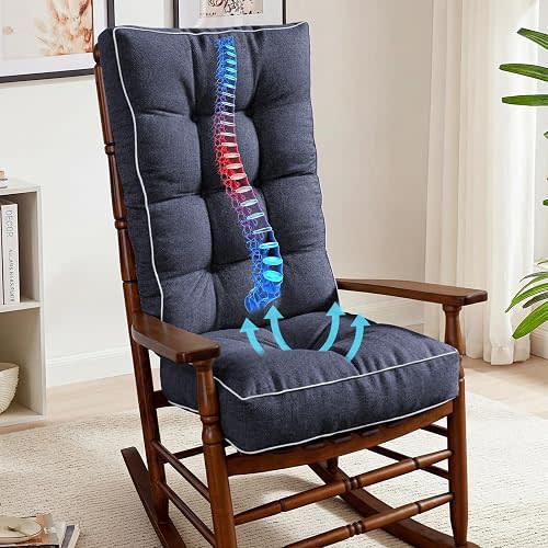 Rocking Chair Cushion, Set of Thicken Seat & Back Chair Cushions with Memory Foam, Non-Slip Chair Pad with Ties for Indoor&Outdoor Rocker, Dark Blue, 22x17x5/17x17x5