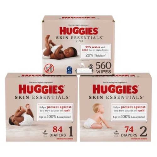 Huggies Skin Essentials 84 Count/Size 1 Disposable Diapers + 74 Count/Size 2 Disposable Diapers + 560 Count/10 Pack Baby Wipes