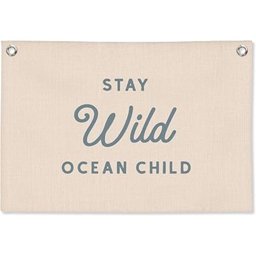 Ocean Nursery Decor, Stay Wild Ocean Child Wall Linen Canvas Banner, Coastal Beach Wall Decor for Kids Boys Girls Toddler Nursery Room Bedroom Playroom 30x20 Inch