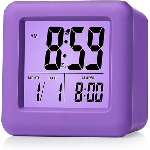 Plumeet Digital Alarm Clock for Kids with Snooze and Nightlight - Easy Setting Silicone Display Time, Date - Loud for Bedroom - Battery Powered (Purple)
