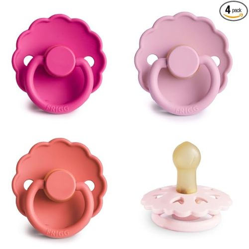FRIGG Natural Rubber Baby Pacifier 4-Pack Rosy Romance | Made in Denmark | BPA-Free (0-6 Months)