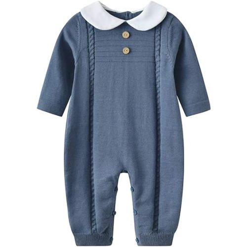 Baby Infant Boy Girl Peter Pan Collar Knit Sweater Romper Outfit Clothes One-Piece Coverall Baby Clothing Jumpsuit