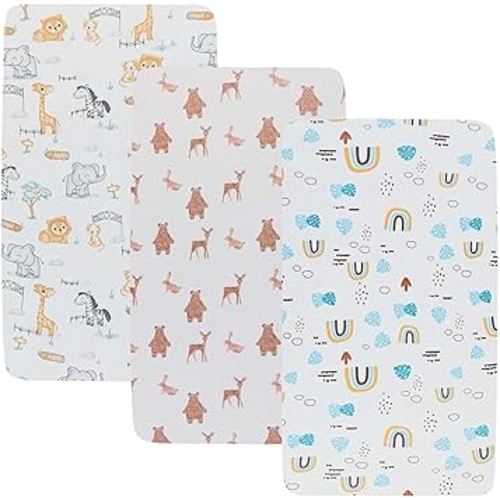 Onacosht Stretchy Bassinet Sheets 33" x 19" Compatible with Mika Micky, KoolaBaby (3 in 1), BabyBond, HARPPA and RICUTON Bedside Bassinet, 3 Pack for Baby Boy and Girl, Unisex Cute Animal Printing