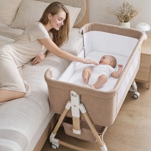 Baby Bassinet, 3 in 1 Bedside Bassinets for Baby, 6 Height Adjustable Bassinet Bedside Sleeper with Mattress, Breathable Mesh, Lockable Univesal Wheels, Storage Basket, Easy to Assemble（Khaki）