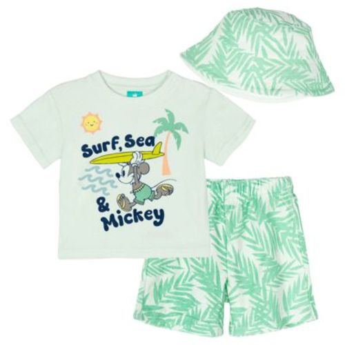 Disney Mickey Mouse Infant Baby Boys Loop Terry Cloth T-Shirt, Shorts and Bucket Sun Hat 3 Piece Outfit Set Soft Aqua Green 18 Months