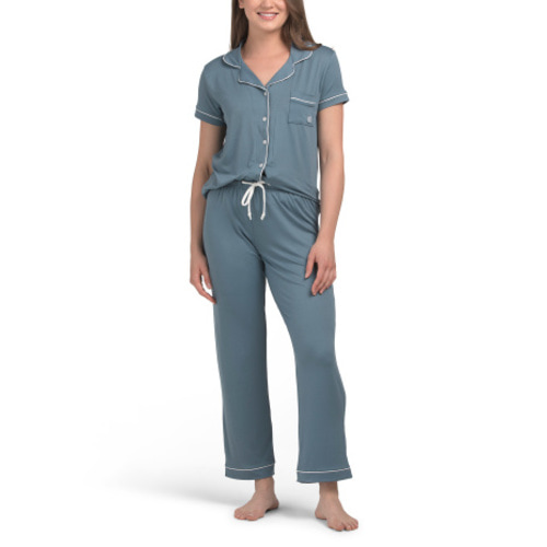 2pc Short Sleeve Notch Collar Pajama Set With Contrast Trim | Clothing | T.J.Maxx