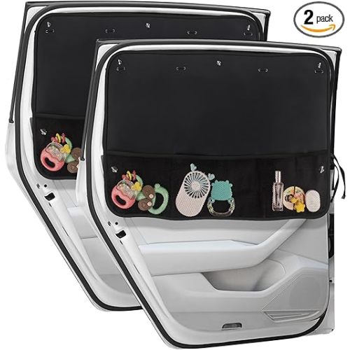 Car Sun Shade Side Window, 2 Pcs Blackout Car Window Shade for Baby Privacy with Storage Net Pockets Auto Curtains 7 Suction Cups for Heat/UV Protection Sun Block Covers