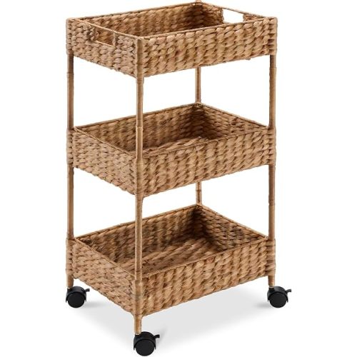 Best Choice Products 3-Tier Water Hyacinth Rolling Nursery Caddy w/Wheels, Utility Cart, Storage Organization for Bathroom, Craft Room, Laundry Room - Chestnut