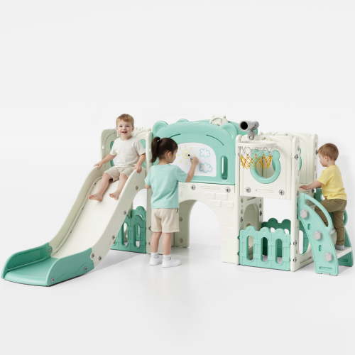 Pirecart 10-in-1 Slide Set for Kids Age 3+, Toddler Climber Slide Set with Basketball Hoop and Ball, Drawing Board, Non-Slip Steps, Indoor Outdoor Playground, Green White