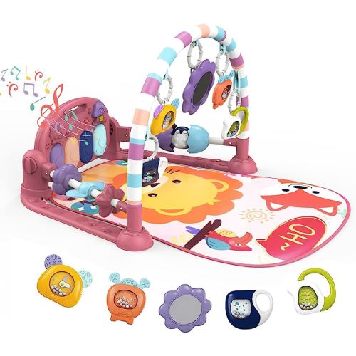 dearlomum Baby Play Mat Gym, Funny Play Piano Tummy Time Activity Mat with 5 Infant Sensory Toys, Music and Lights, Boy & Girl Gifts for Newborns 0 to 3 6 9 12 Months(New Pink)
