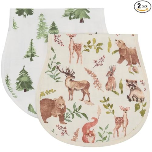 LifeTree Muslin Baby Burp Cloths - Soft 2 Pack Viscose from Bamboo Cotton Large 22'' by 10'' Absorbent Milk Spit Up Rags - Burping Cloths for Newborn, Girls Boys, Woodland Animals & Pine Tree