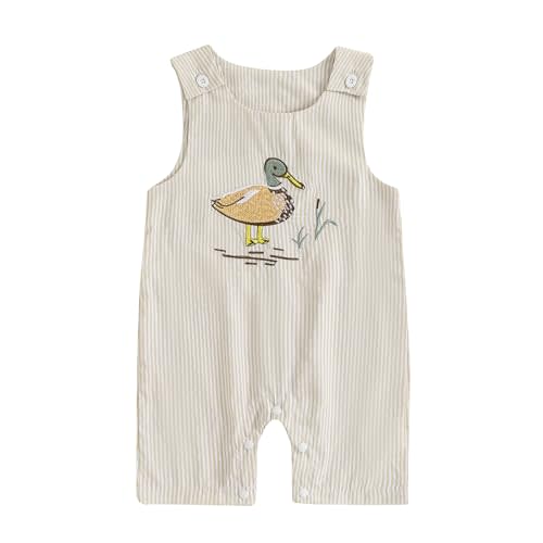 PUHHAPIEY Baby Boy Summer Clothes Sleeveless Embroidery Dinosaur Striped Retro Romper Jumpsuit Smocked Shortall
