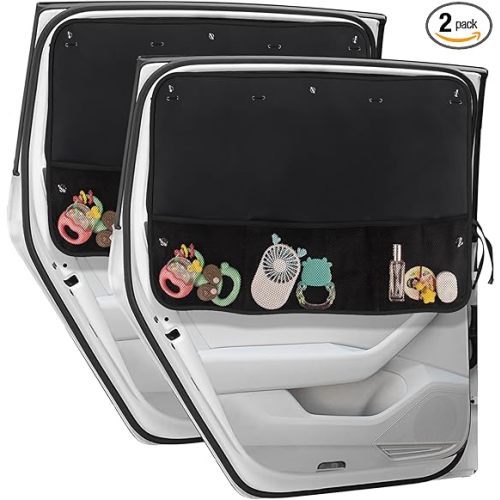 Car Sun Shade Side Window, 2 Pcs Blackout Car Window Shade for Baby Privacy with Storage Net Pockets Car Curtains 7 Suction Cups for Heat/UV Protection Sun Block Covers