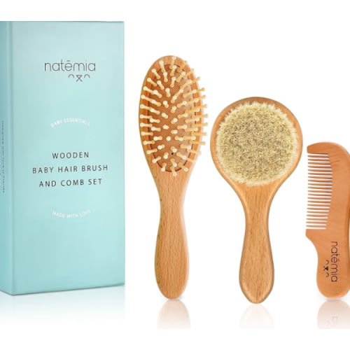 Natemia Baby Hair Brush and Comb Set - Wooden Soft Bristle Brush, Cradle Cap Brush for Newborns and Toddlers