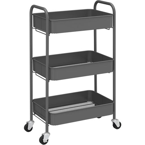 CAXXA 3-Tier Rolling Metal Storage Organizer - Mobile Utility Cart with Caster Wheels, Gray