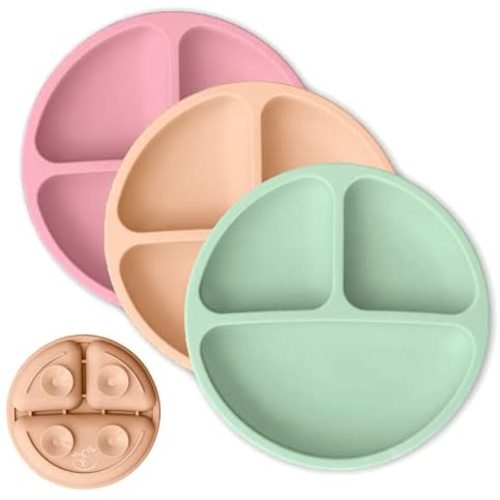 Hippypotamus Toddler Plates with Suction - Baby Plates - 100% Silicone Divided Plate - BPA Free - Microwave Safe Dishes - Set of 3 (Sage/Blush/Nude)