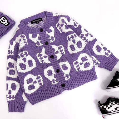 Kids Chunky Knit Cardigan With Skelly Skull Design - Dusky Lilac – Skeletots
