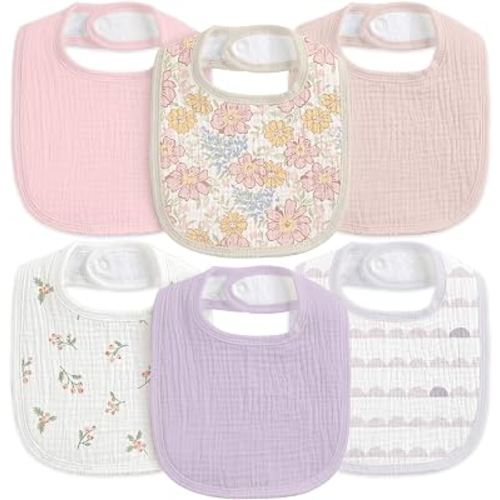 CIVARUA KIDS 6-Pack Muslin Baby Bibs for Drooling & Teething, Absorbent Bib | Soft Cotton Baby Drool Bib for Baby Boy Girl, Easy Adjustable Bibs for Toddlers, Newborn, Infants 0-36 Months Purple Floral