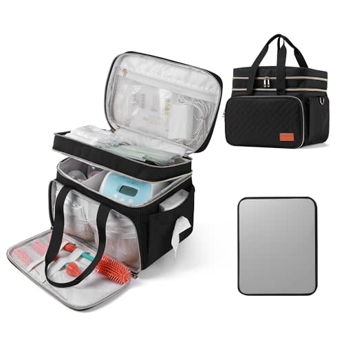 Breast Pump Bag Fits for Spectra S1 and S2, Double Layer Pumping Bag with Waterproof Mat for Pump Accessories, Pump Carrying Bag for Moms Work, Travel - Black