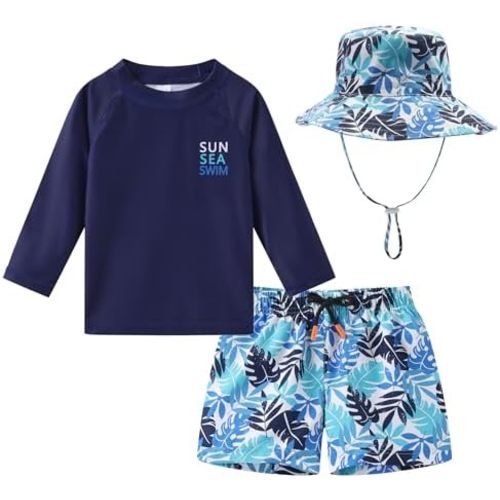 Toddlers and Baby Boys' 3-Piece Swimsuit Trunk Rashguard Set and Sun Hat Swimwear Bathing Suit Sunsuit Swim Shirt UPF 50+