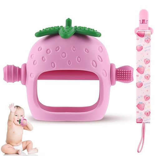 Anboor Baby Teething Toys With Clip, Silicone Teethers for Babies 4+Months Anti Dropping Hand Teether, Infant Chew Toys for Teething Relief, Ideal Present Newborn Soon-to-be Mothers (Pink, Strawberry)