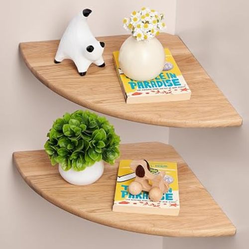 Gieanoo Floating Corner Shelves for Wall Set 2 16inch Solid Oak Rounded Corner Shelves Wall Mounted with Cable Hole Wood Corner Hanging Shelves for Living Room Bedroom Bathroom Kitchen