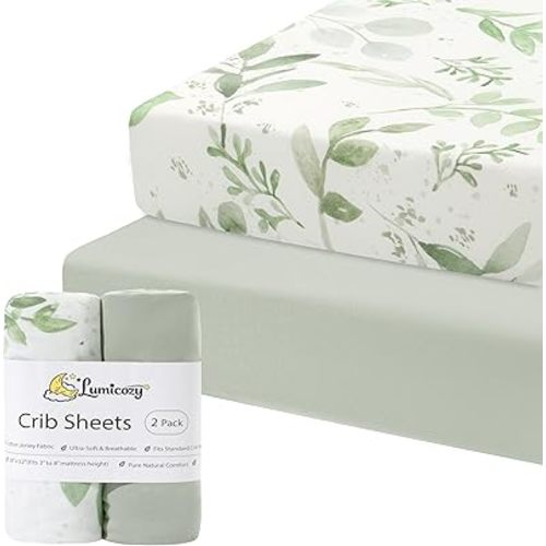 2 Pack Cotton Fitted Crib Sheets, Soft Breathable for Standard Crib Toddler Mattress Cover 52"x28" Neutral Nursery (Sage Green Leaf Print)