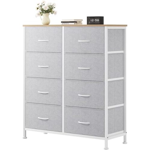 OLIXIS 8 Drawer Storage Dresser with Wood Top - Wide Fabric Chest Organizer for Bedroom, Closet, Living Room,Tower Cabinet, TV Stand, Hallway Entryway Furniture,Light Grey