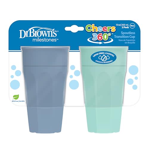 Dr. Brown's Milestones Cheers 360 Spoutless Transition Cup, Travel Friendly and Leak Free Sippy for Babies and Toddlers, Aqua and Blue, BPA-Free, 10 oz/300 mL, 9m+
