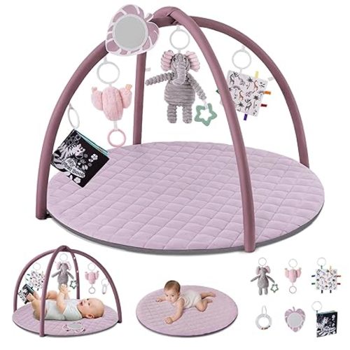 Blissful Diary Baby Play Gym Mat, Tummy Time Activity Mat with 6 Detachable Toys for Stage-Based Sensory & Motor Skill Development, Easy to Install & Clean, Baby Essentials Gift, Lavender Pink