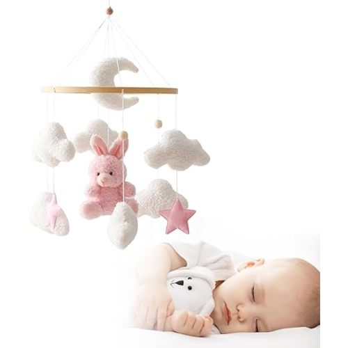 Pink Bunny Mobile for Crib, Handmade Nursery Mobile, Baby Bedroom Hanging Decoration Toy
