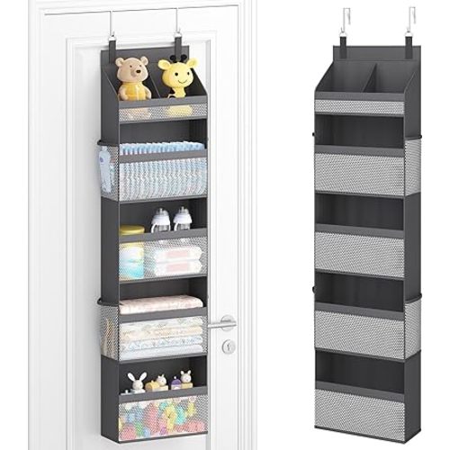 Lifewit 5 Tier Over the Door Diaper Organizer for Nursery, Large Heavy Duty Hanging Storage with 4 Mesh Side Pockets, Sturdy Back of Door Shelf for Baby Stuff Toy in Pantry, Laundry, Bathroom, Gray