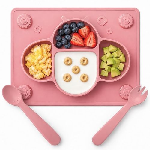 ROCCED Suction Plates for Baby Placemat Spoon Fork Set for Toddlers, Silicone Baby Plates with Suction Baby Dishes for Kids Plates-pale mauve
