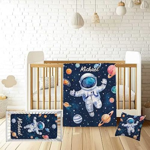 Personalized Space Crib Bedding Set for Baby Boys Girls – Custom Name 3 Piece Nursery Set with Flannel Blanket, Fitted Crib Sheet & Pillowcase – Infant & Toddler Bedding Gift